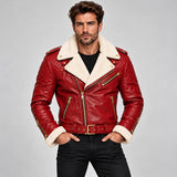 Men's Christmas Red Shearling Leather Biker Jacket – Quilted Moto Style