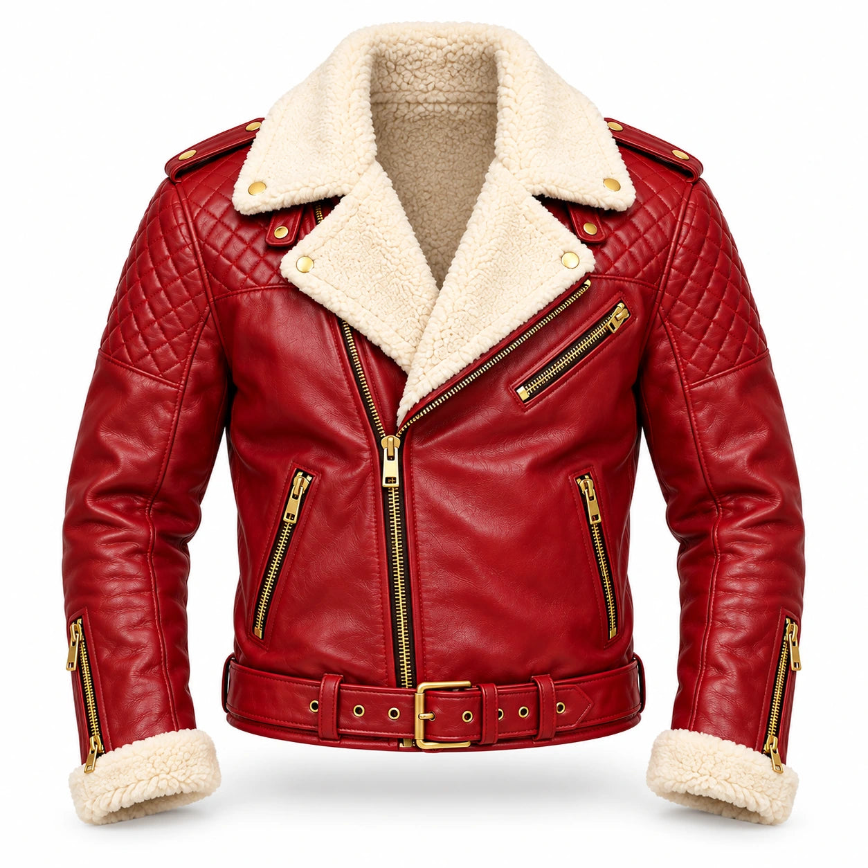 Men's Christmas Red Shearling Leather Biker Jacket – Quilted Moto Style