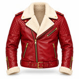 Men's Christmas Red Shearling Leather Biker Jacket – Quilted Moto Style
