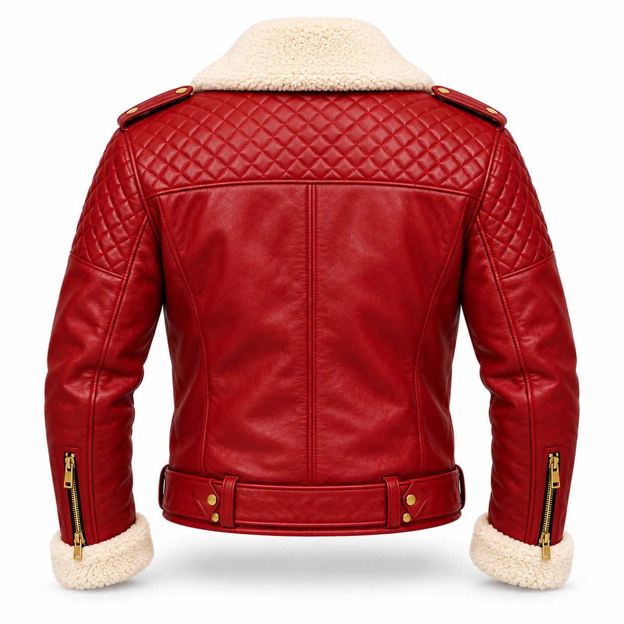 Men's Christmas Red Shearling Leather Biker Jacket – Quilted Moto Style