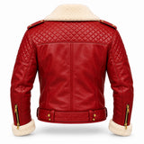 Men's Christmas Red Shearling Leather Biker Jacket – Quilted Moto Style