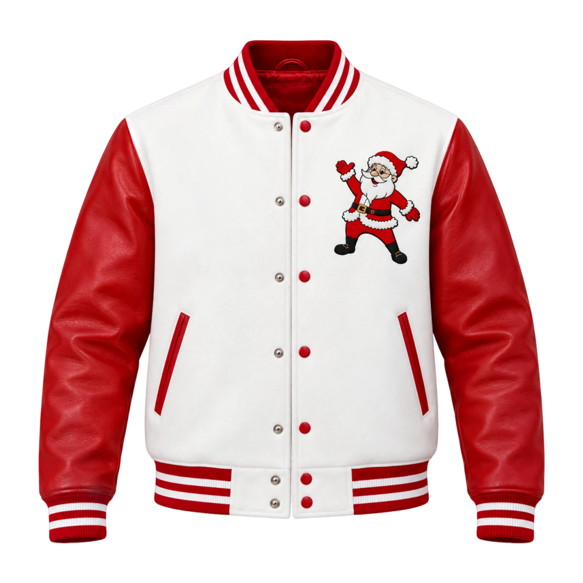 Men's Christmas Santa Embroidered Leather Varsity Jacket