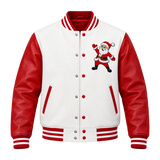Men's Christmas Santa Embroidered Leather Varsity Jacket