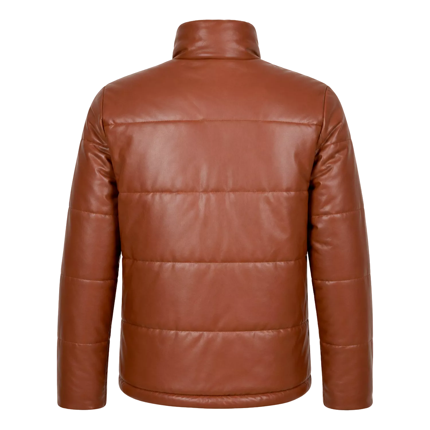 Men’s Cognac Brown Leather Puffer Jacket | Zip-Up Winter Jacket