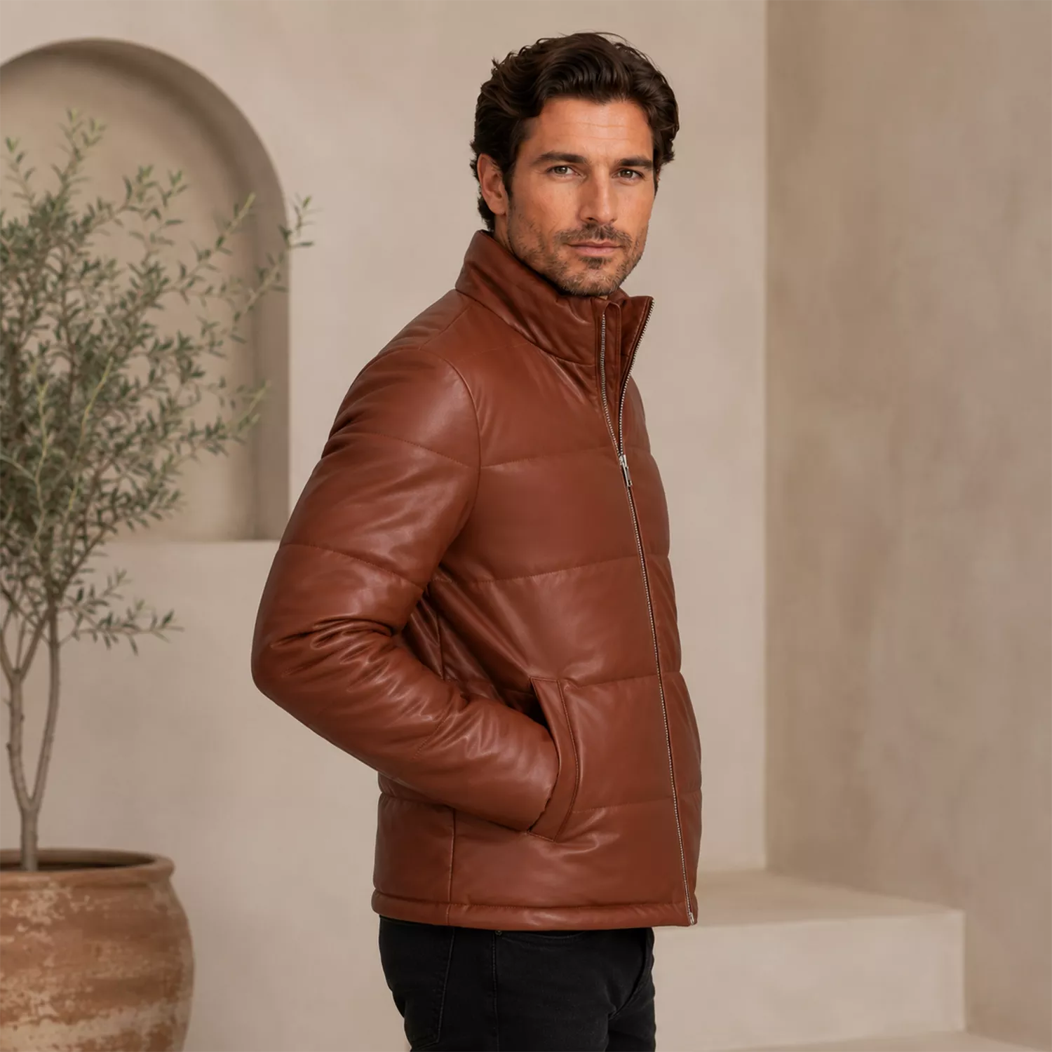 Men’s Cognac Brown Leather Puffer Jacket | Zip-Up Winter Jacket