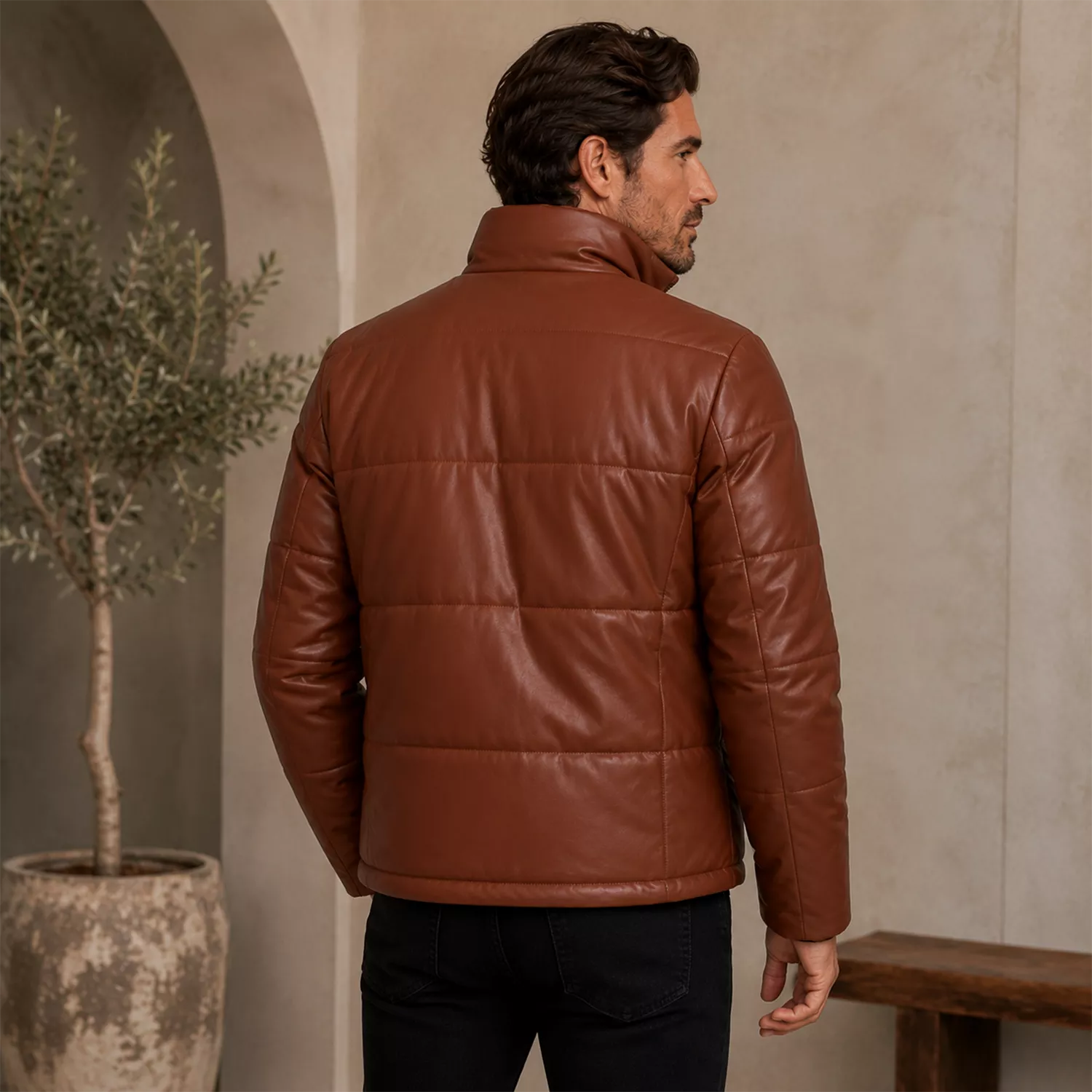 Men’s Cognac Brown Leather Puffer Jacket | Zip-Up Winter Jacket