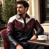 Men’s Colorblock Leather Jacket | Burgundy Black Cream Zip-Up Design