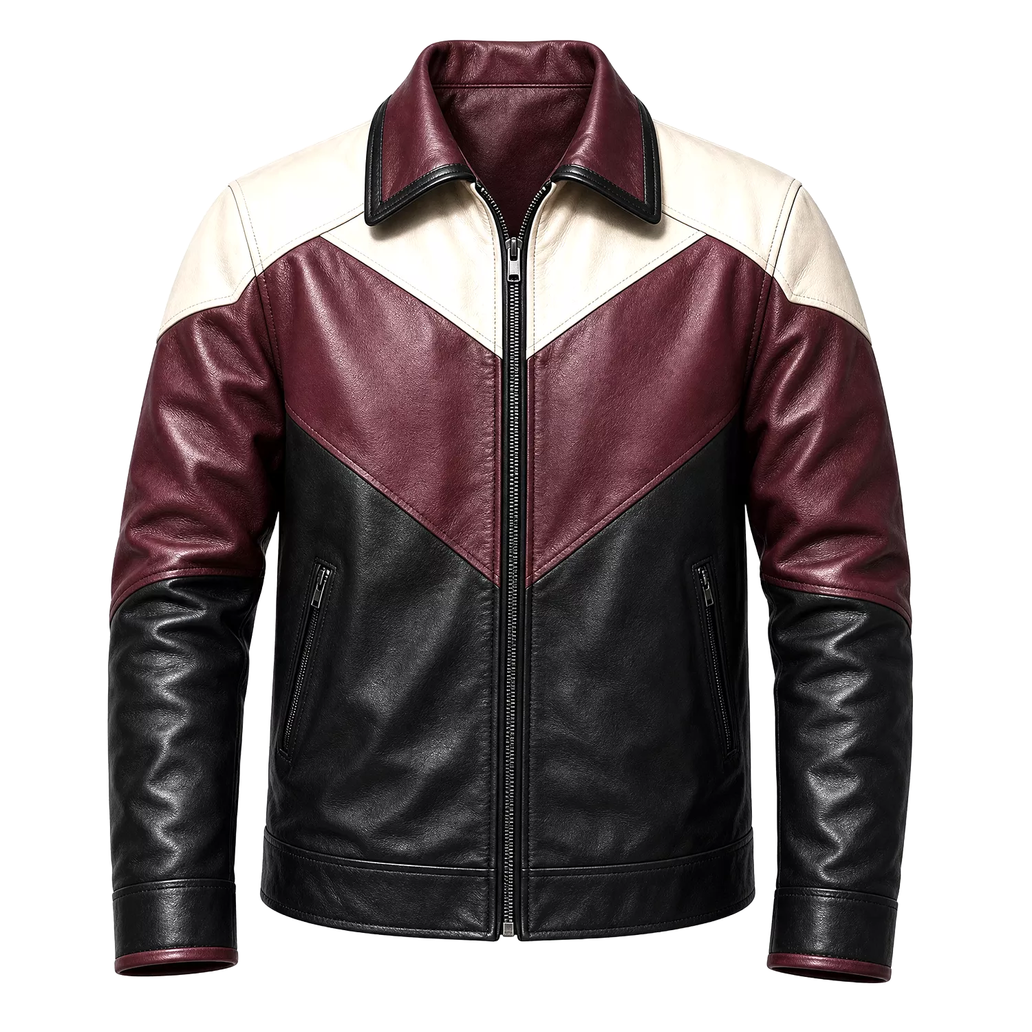 Men’s Colorblock Leather Jacket | Burgundy Black Cream Zip-Up Design
