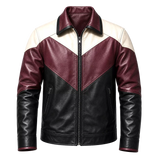 Men’s Colorblock Leather Jacket | Burgundy Black Cream Zip-Up Design