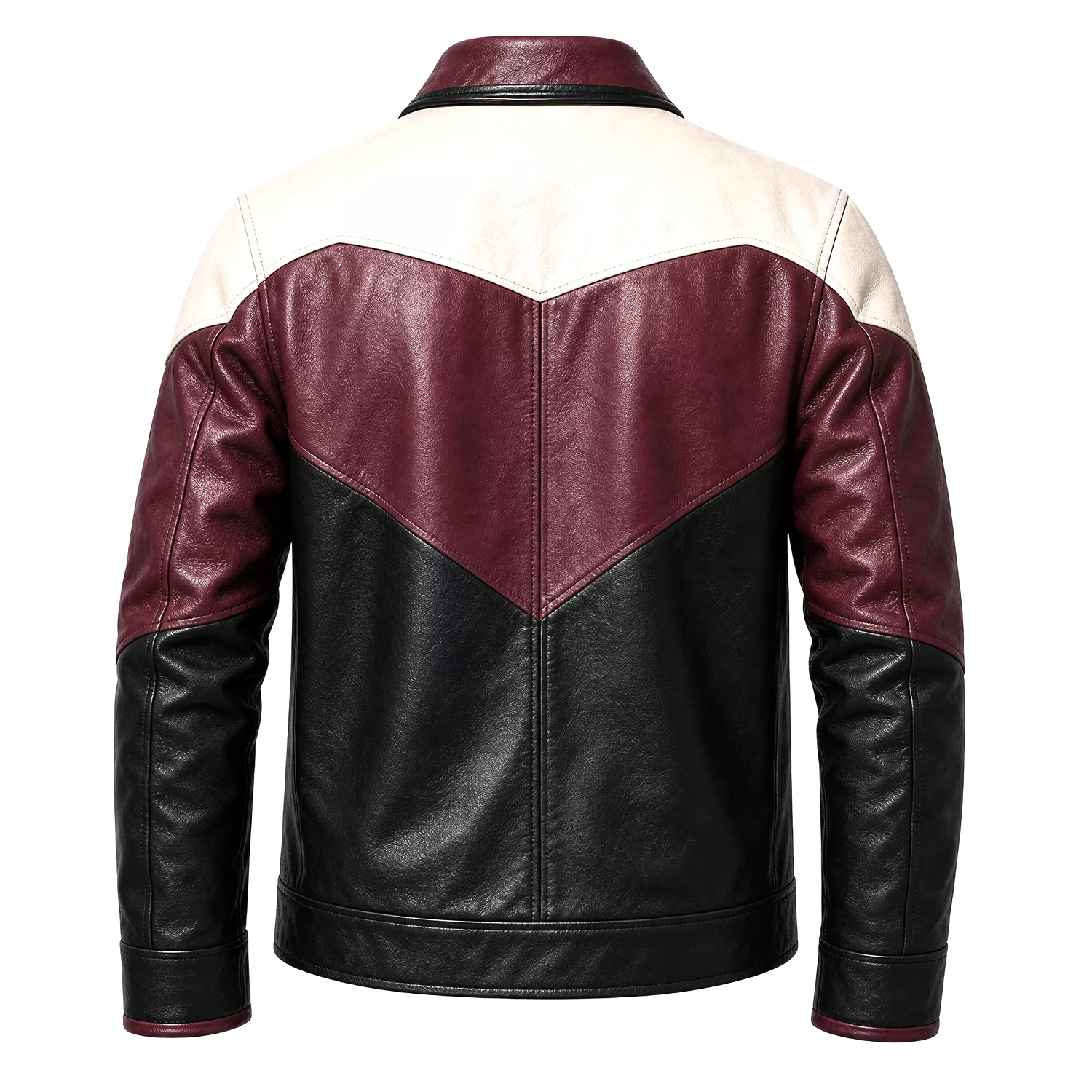 Men’s Colorblock Leather Jacket | Burgundy Black Cream Zip-Up Design