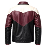 Men’s Colorblock Leather Jacket | Burgundy Black Cream Zip-Up Design