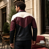 Men’s Colorblock Leather Jacket | Burgundy Black Cream Zip-Up Design