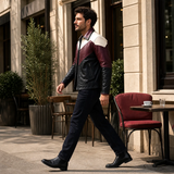 Men’s Colorblock Leather Jacket | Burgundy Black Cream Zip-Up Design