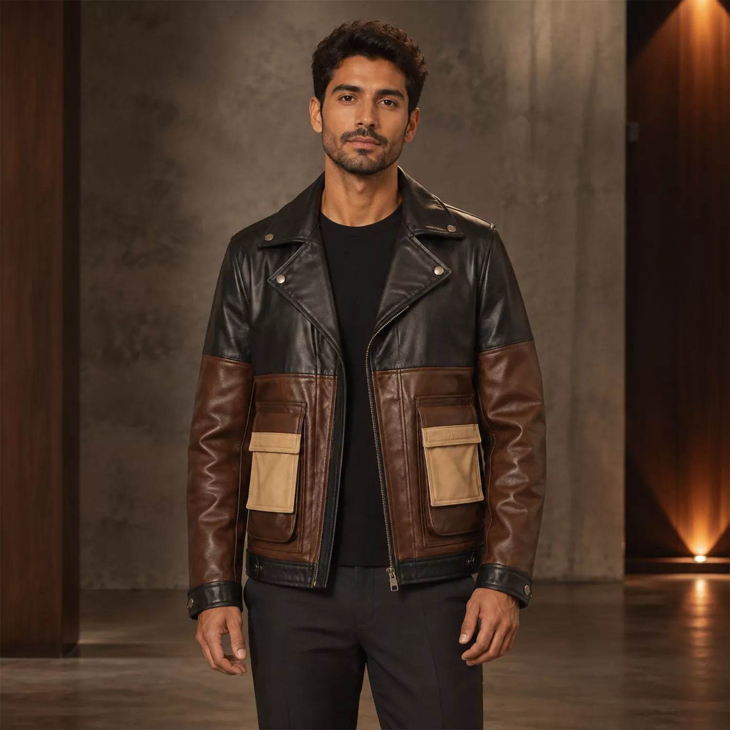 Men’s Colorblock Leather Utility Jacket | Black Brown Tan Biker Style