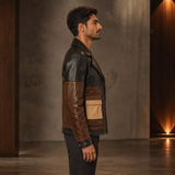 Men’s Colorblock Leather Utility Jacket | Black Brown Tan Biker Style
