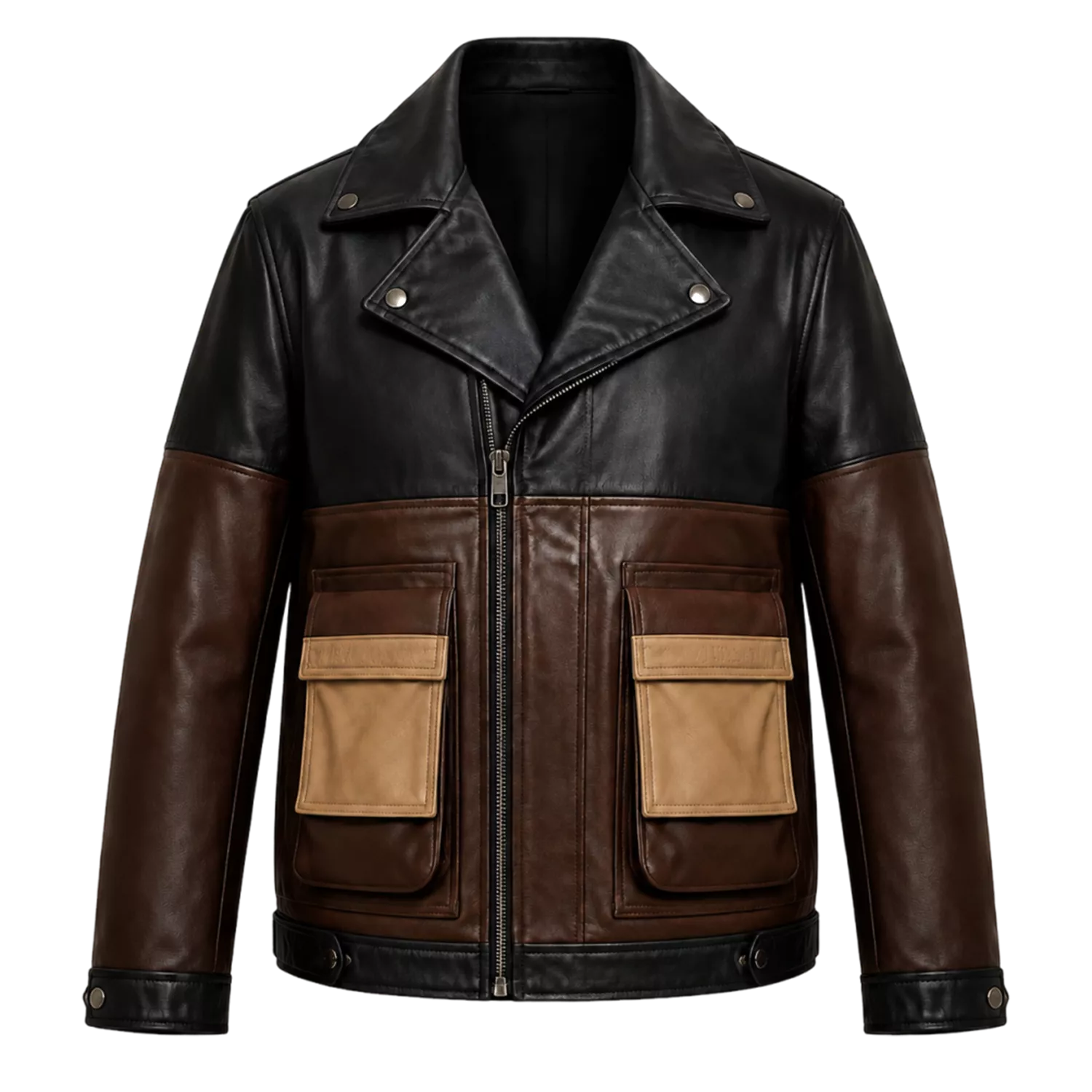 Men’s Colorblock Leather Utility Jacket | Black Brown Tan Biker Style