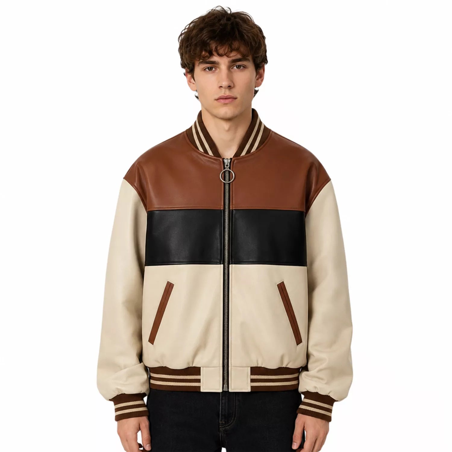 Men’s Cream Brown Black Colorblock Leather Bomber Jacket