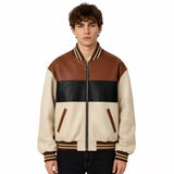 Men’s Cream Brown Black Colorblock Leather Bomber Jacket