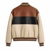 Men’s Cream Brown Black Colorblock Leather Bomber Jacket