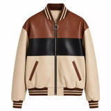 Men’s Cream Brown Black Colorblock Leather Bomber Jacket