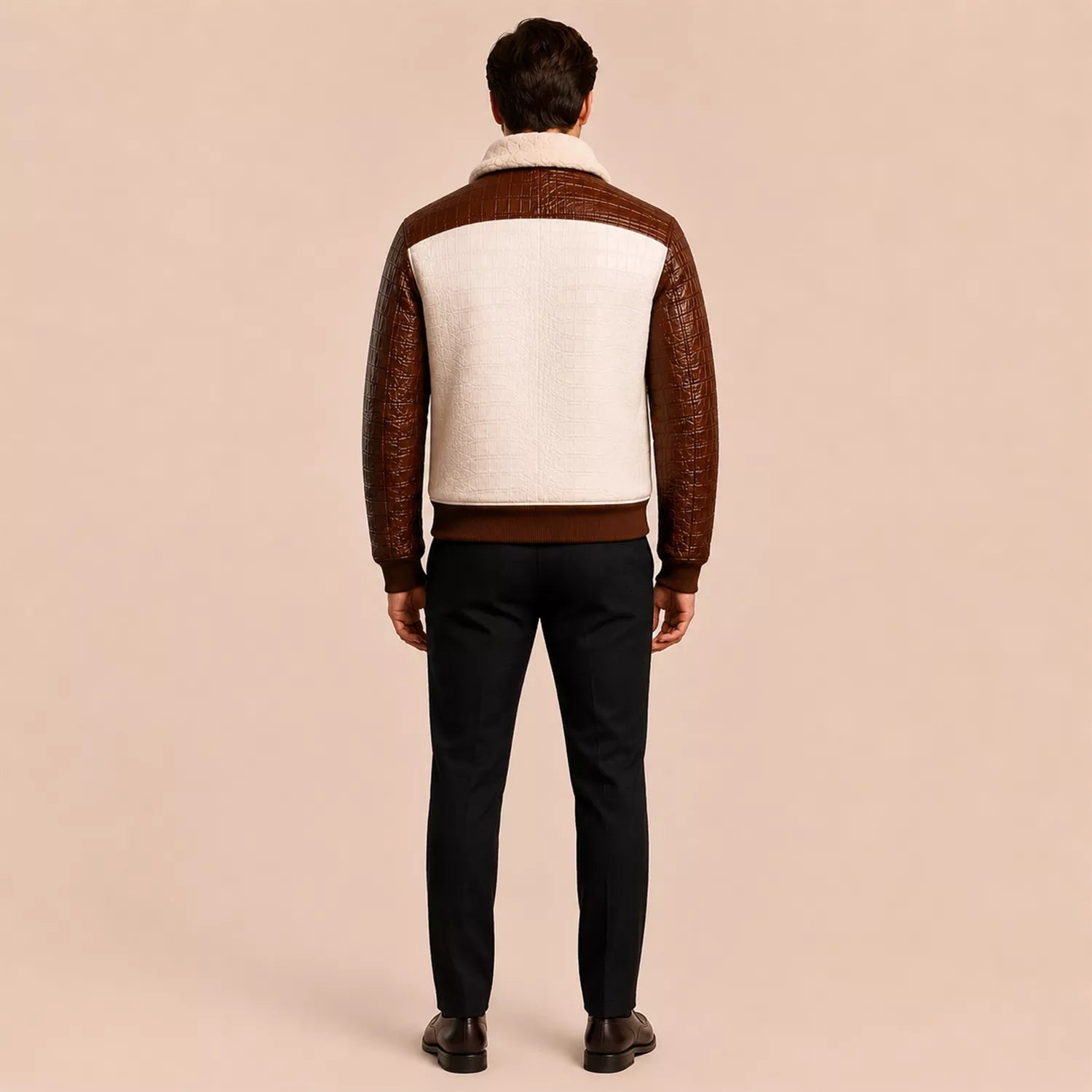 Men’s Cream Brown Croc Texture Leather Bomber Jacket