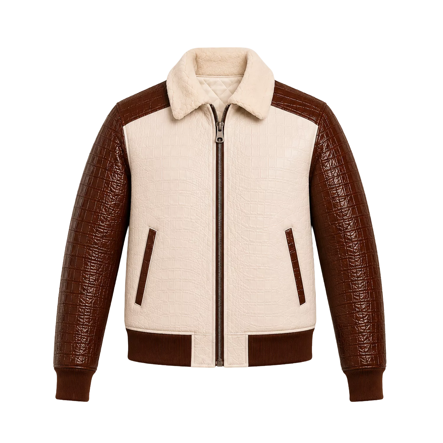 Men’s Cream Brown Croc Texture Leather Bomber Jacket