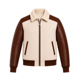 Men’s Cream Brown Croc Texture Leather Bomber Jacket