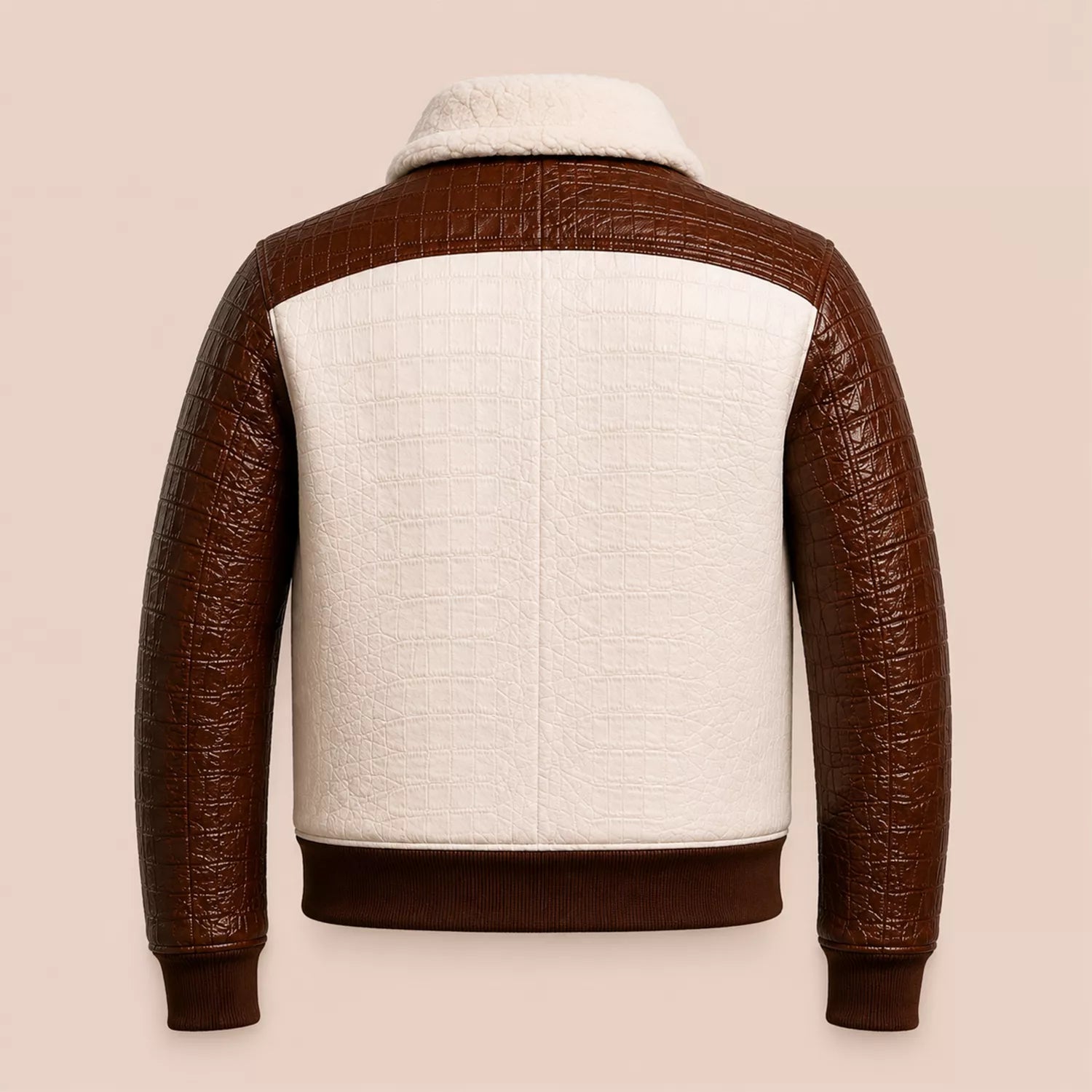 Men’s Cream Brown Croc Texture Leather Bomber Jacket