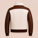 Men’s Cream Brown Croc Texture Leather Bomber Jacket