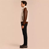 Men’s Cream Brown Croc Texture Leather Bomber Jacket