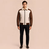 Men’s Cream Brown Croc Texture Leather Bomber Jacket