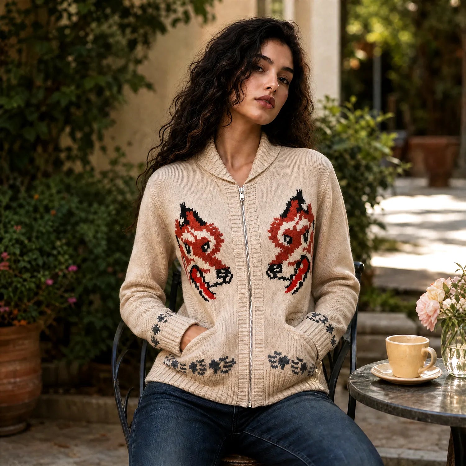 Women’s Cream Dragon Pattern Zip Up Knit Cardigan | Vintage Graphic Sweater