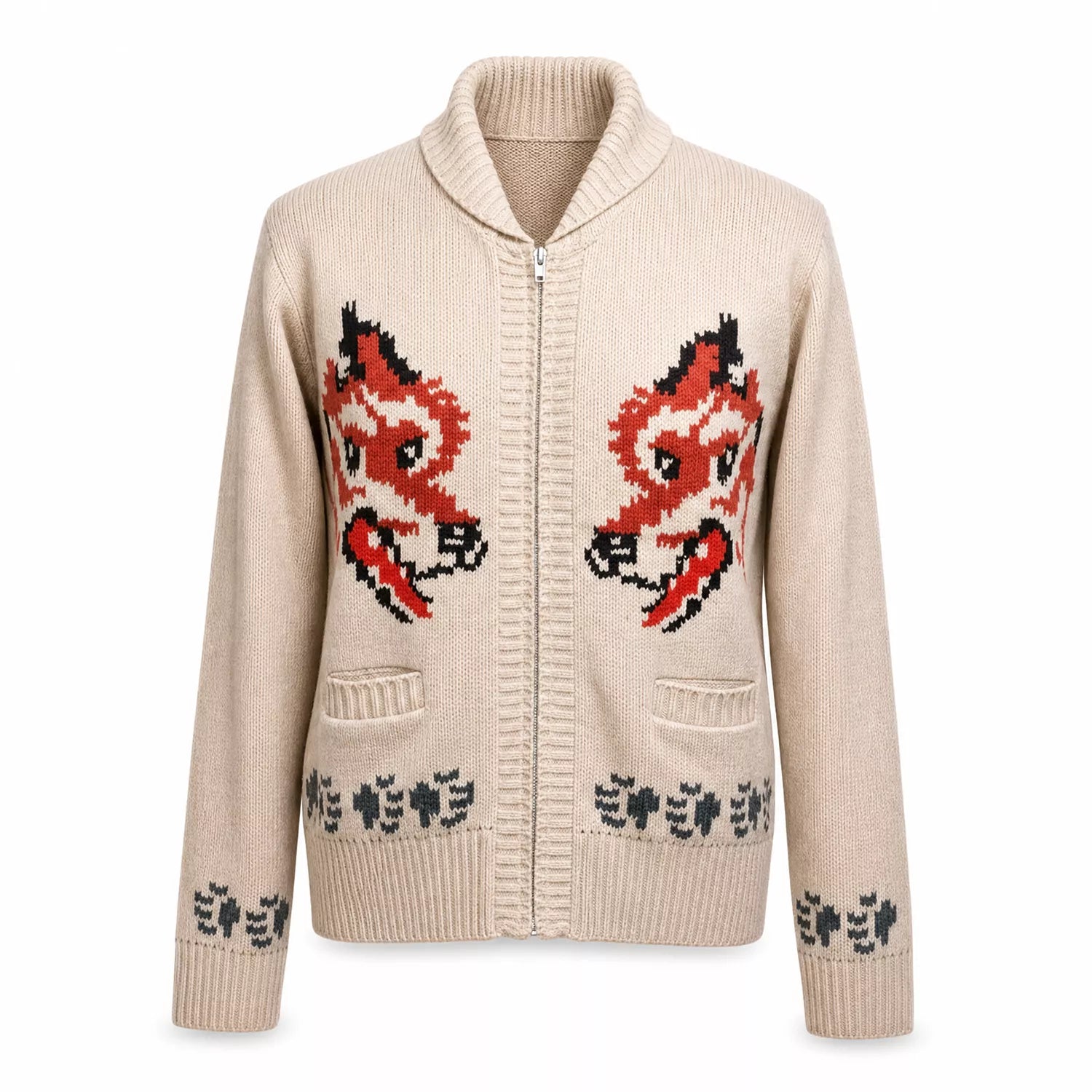 Women’s Cream Dragon Pattern Zip Up Knit Cardigan | Vintage Graphic Sweater