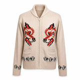 Women’s Cream Dragon Pattern Zip Up Knit Cardigan | Vintage Graphic Sweater