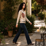 Women’s Cream Dragon Pattern Zip Up Knit Cardigan | Vintage Graphic Sweater