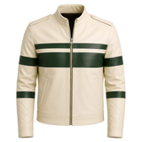 Men’s Cream Green Stripe Moto Leather Jacket
