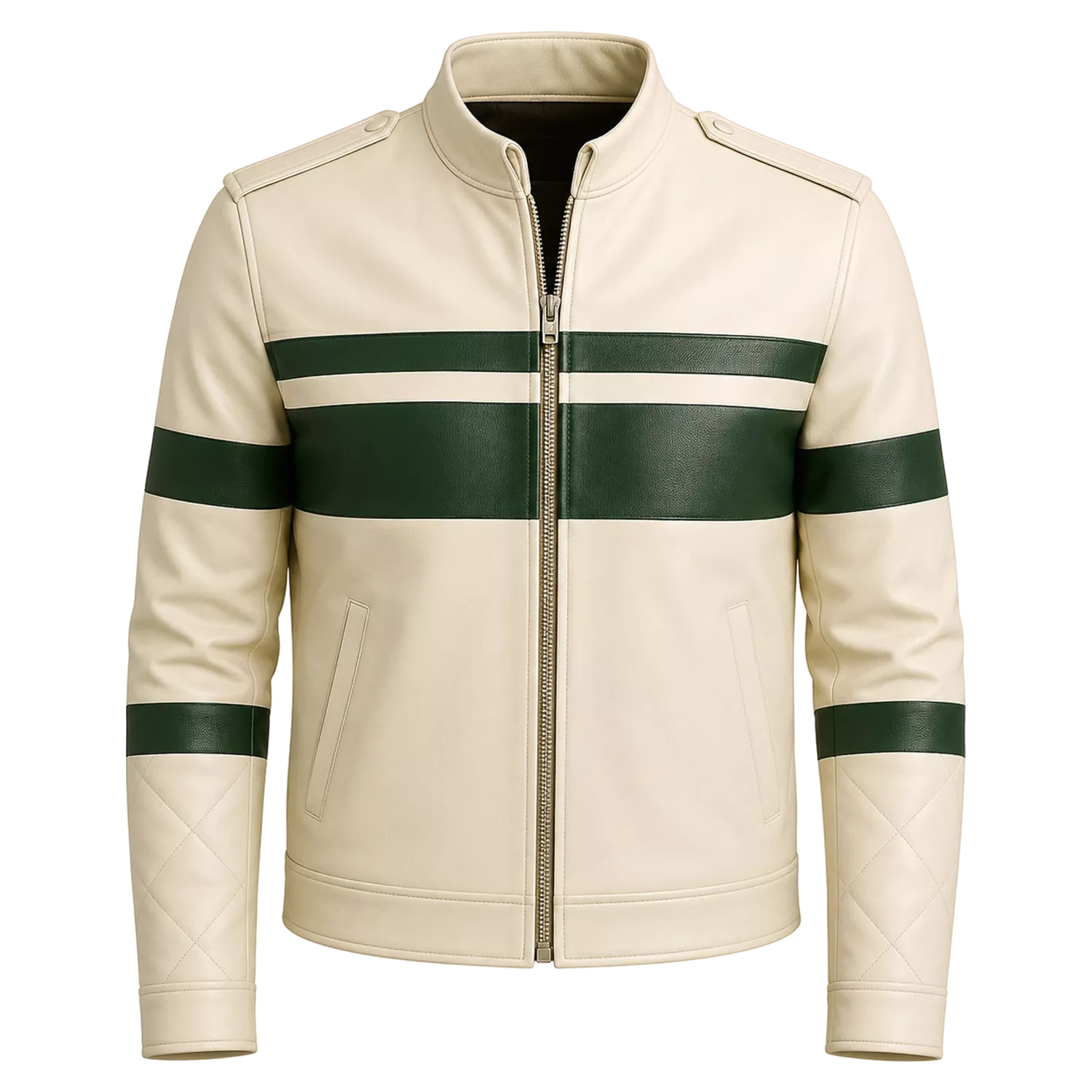 Men’s Cream Green Stripe Moto Leather Jacket