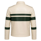 Men’s Cream Green Stripe Moto Leather Jacket