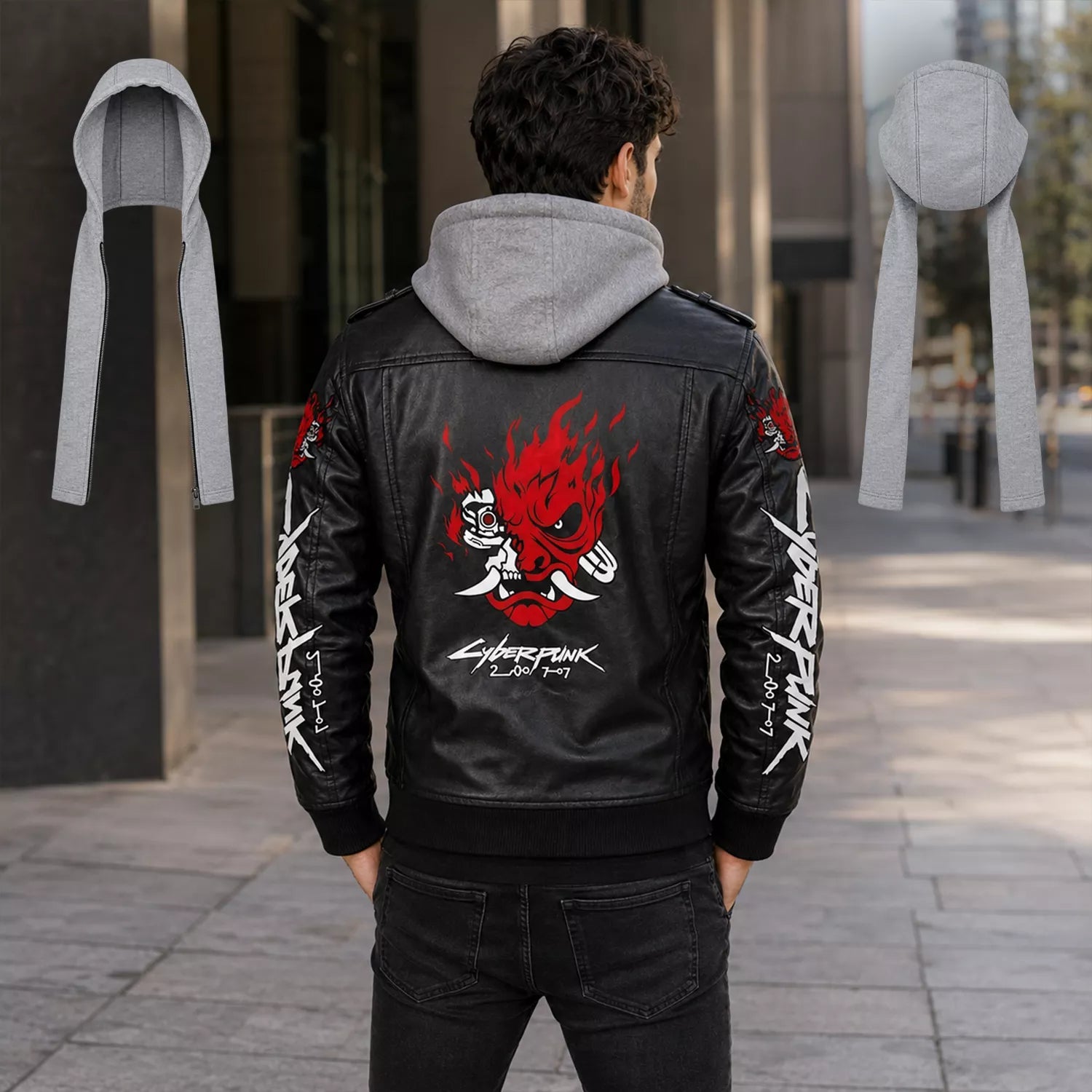 Men’s Cyberpunk Hooded Leather Jacket | Graphic Biker Style