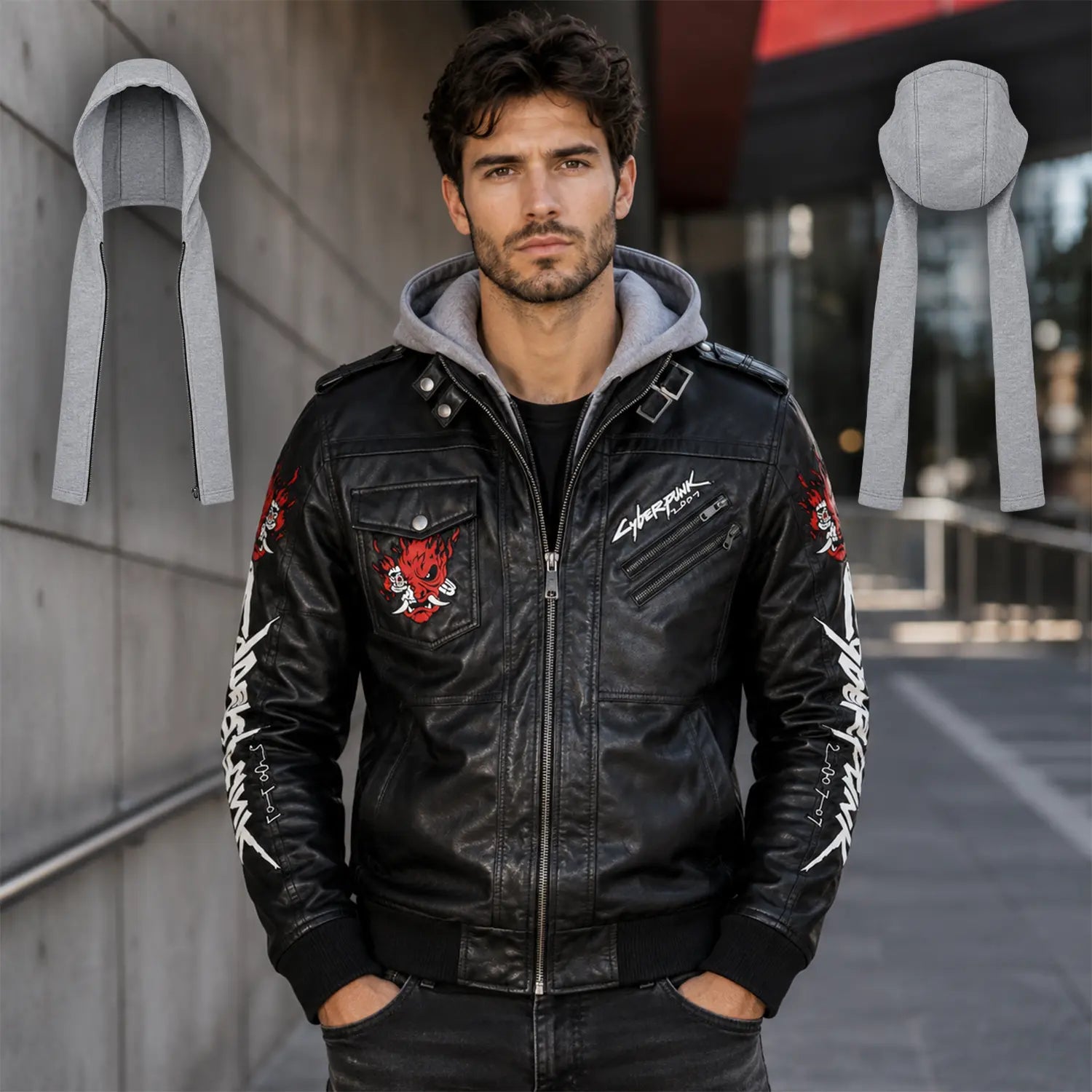 Men’s Cyberpunk Hooded Leather Jacket | Graphic Biker Style