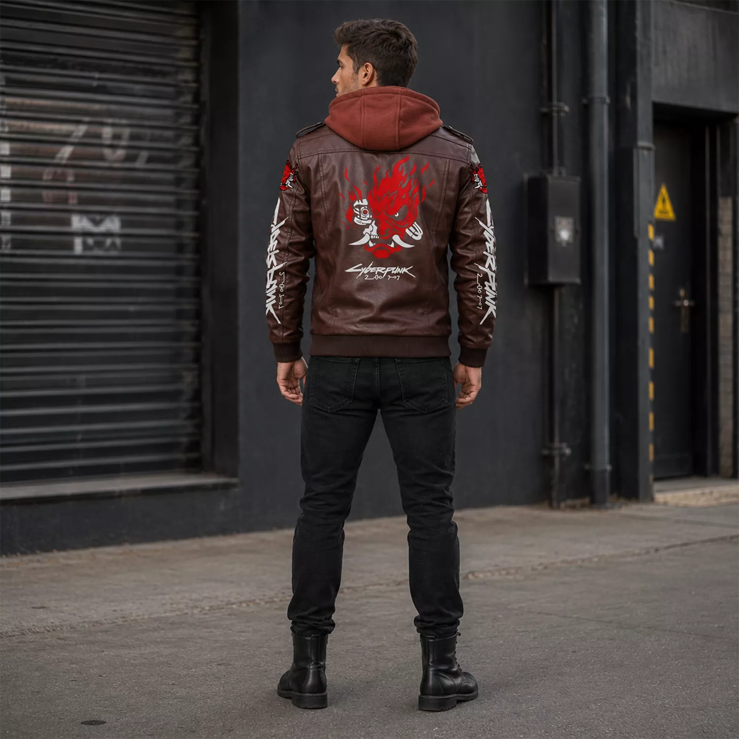 Men’s Cyberpunk Hooded Leather Jacket | Graphic Biker Style