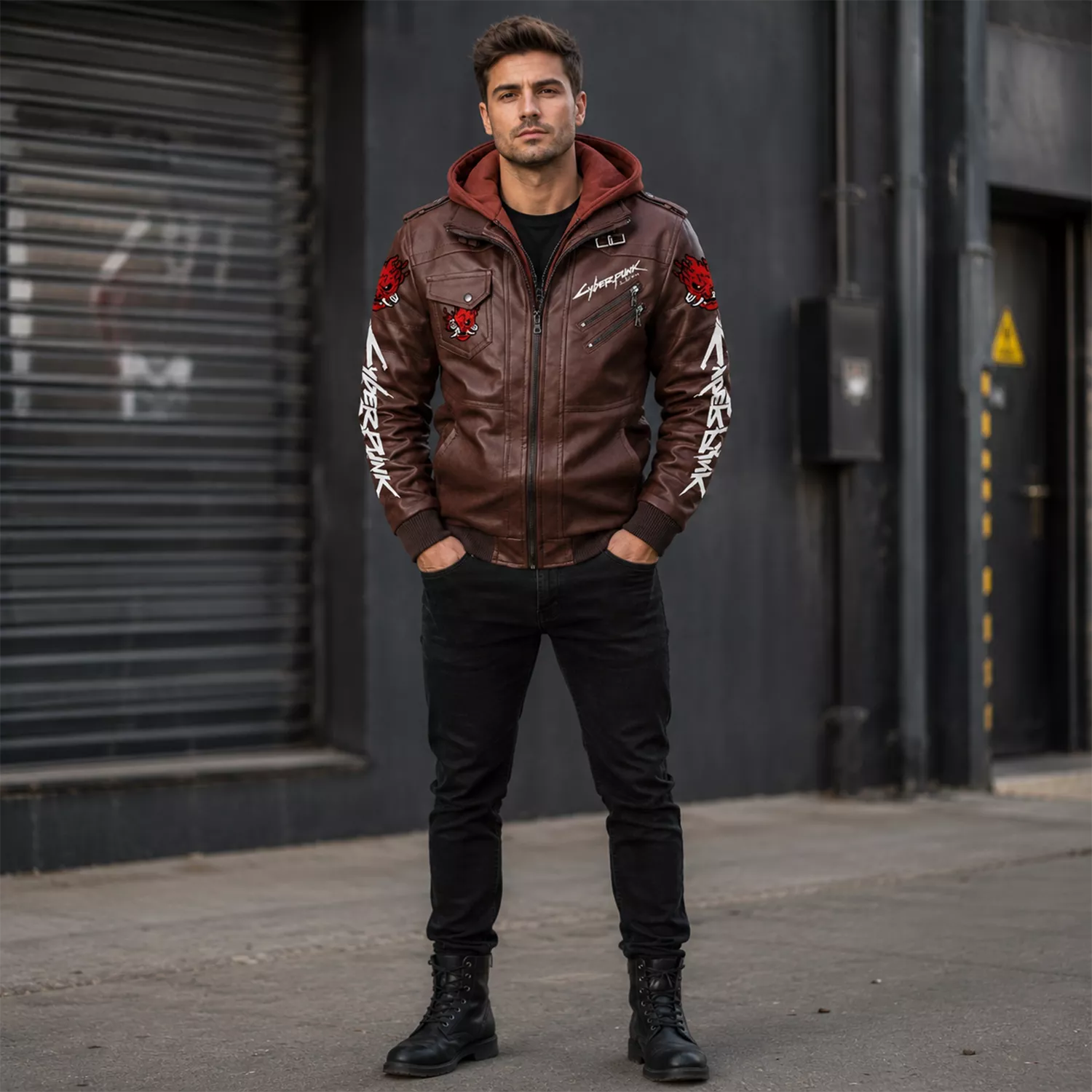 Men’s Cyberpunk Hooded Leather Jacket | Graphic Biker Style