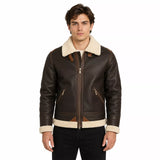 Men’s Dark Brown Cream Shearling Leather Bomber Jacket
