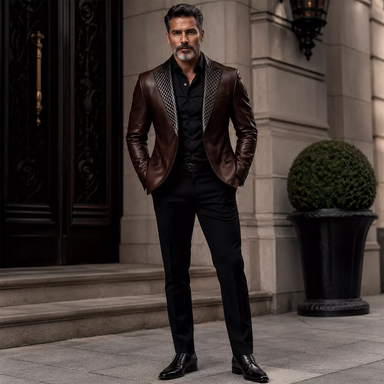 Men’s Dark Brown Leather Blazer | Quilted Lapel Tailored Dinner Jacket