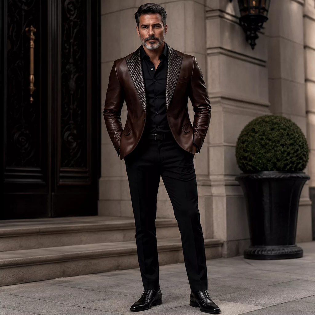Men’s Dark Brown Leather Blazer | Quilted Lapel Tailored Dinner Jacket