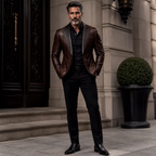 Men’s Dark Brown Leather Blazer | Quilted Lapel Tailored Dinner Jacket