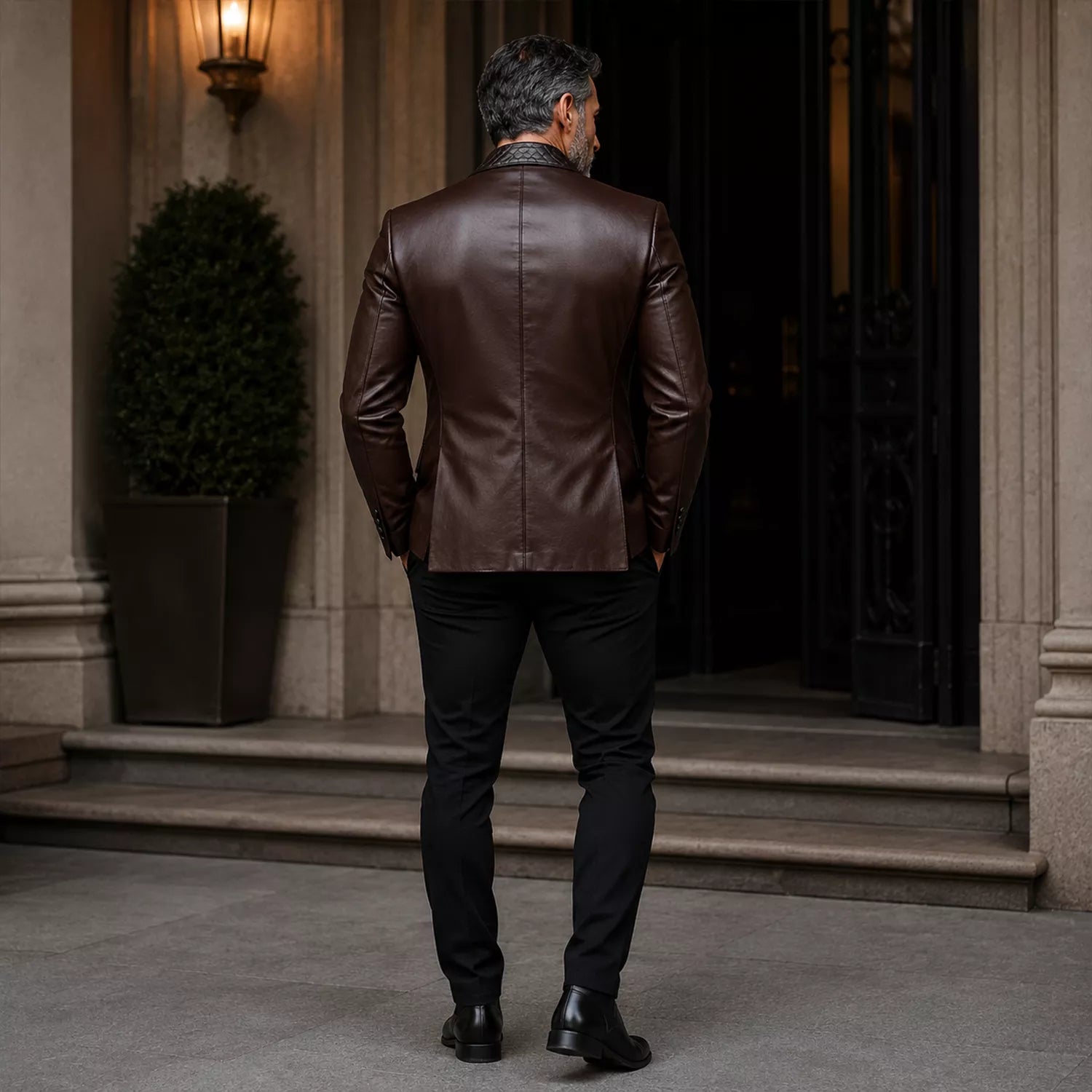 Men’s Dark Brown Leather Blazer | Quilted Lapel Tailored Dinner Jacket