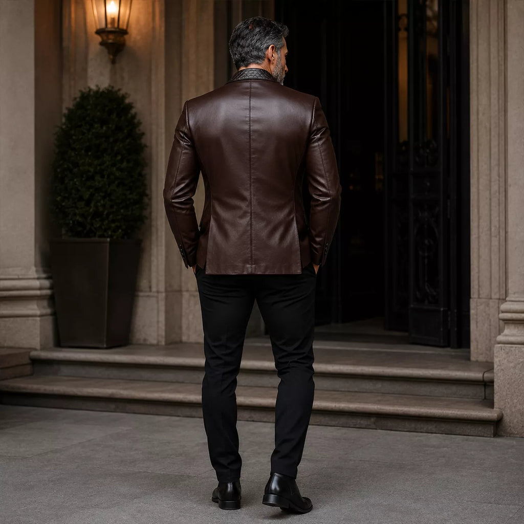 Men’s Dark Brown Leather Blazer | Quilted Lapel Tailored Dinner Jacket