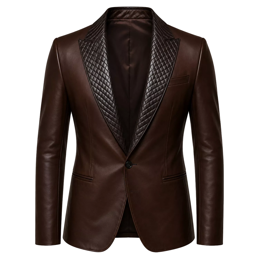Men’s Dark Brown Leather Blazer | Quilted Lapel Tailored Dinner Jacket