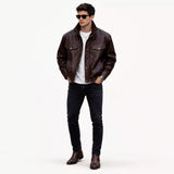 Men’s Dark Brown Leather Bomber Jacket | Zip-Up Snap Button Jacket